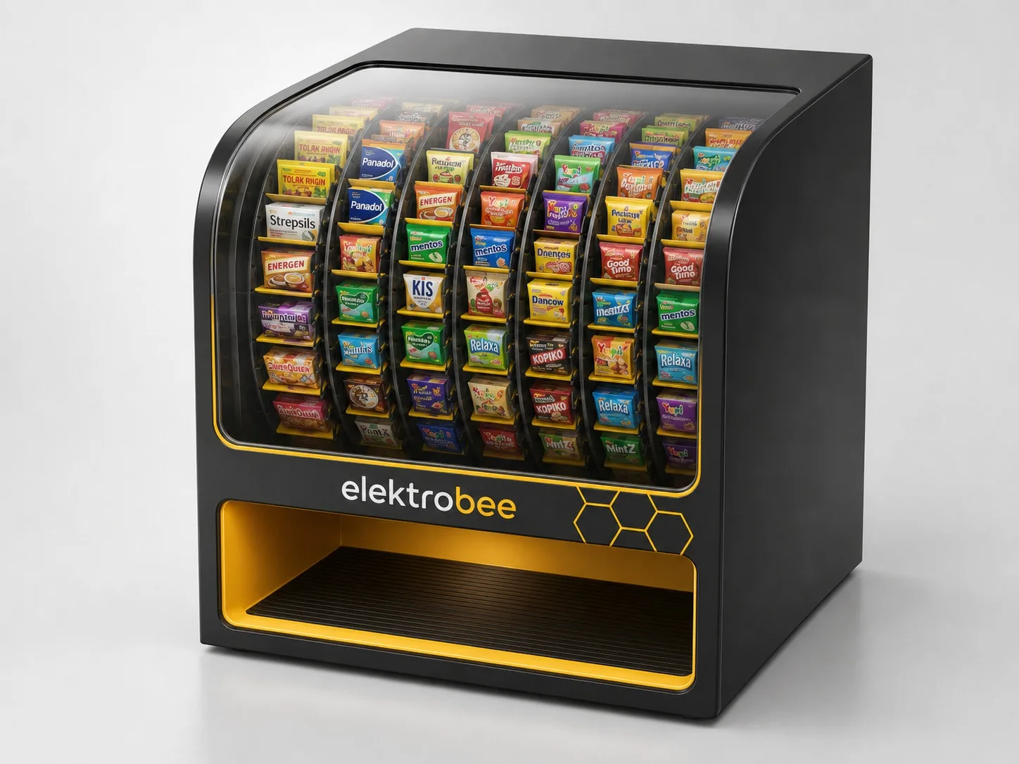 Konsep render mesin ElektroBee Vending v1 — kubus hitam-emas 50 cm dengan 9 roda berisi produk sachet dan batang (bukan unit final)